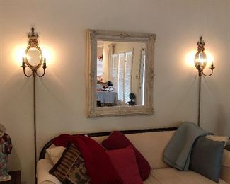 Antique sofa, sconce lamps