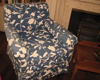 Blue and white floral upholstered chair