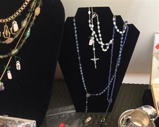 sterling sugar and creamer-rosaries-religious medals-vintage necklaces