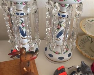 two wonderful lustre candle lamps-mint condition-fab crystals-Royal Copenhagen kitten-bird cigarette dispenser