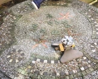 hand made terrazzo cement table with mosaic inlay-very heavy-very unique--come with muscle-one of two