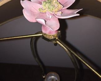A pretty lamp with two ducks, flowers and pink flower finial.