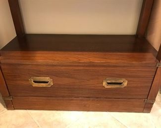 5-shelf tall bookcase with one bottom drawer and brass accents. Width: 30 x Height: 78 x Depth: 13 inches. 