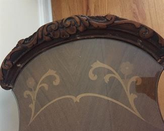 Side table with wood carving, glass top