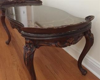 Side table with wood carving, glass top