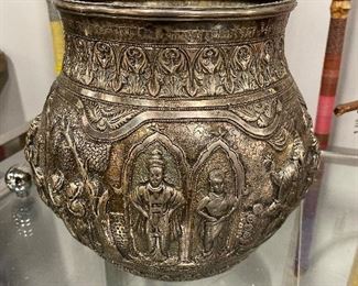 Large antique Burmese embossed silver vase