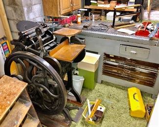 Antique printing press, typeset cabinets, accessories and more!