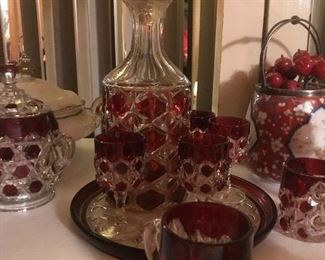 red block decanter and liquer glasses