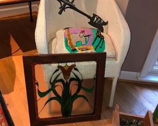 stained glass window and rooster weather vane that somehow blew in from outside