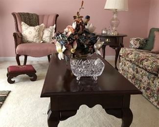Coffee table curved back chair and more.