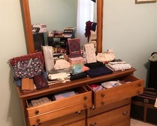 Six drawer dresser with mirror, vintage handbags and scarves