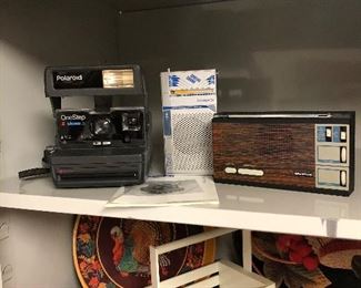 Polaroid One Step "Close-Up", Transistor radios, metal trays, wood basket