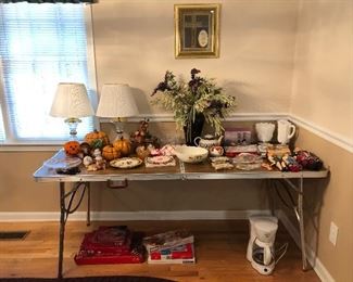 Lots to shop from! Mikasa pieces, milk glass, hand painted porcelain switch plates, vintage dolls, fall decorations...