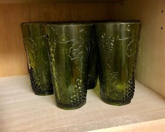 Vintage green glasses; grapes & leaves