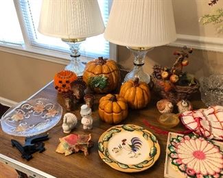 Just in time for Fall! Leaves, pumpkins, turkeys! Salt/Pepper shakers, lamps, hand made doilies...