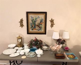 Unique pieces of milk glass, punch bowl set, lamps, inlaid wood music box, anniversary clock...
