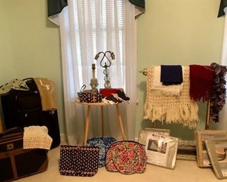 luggage, Vera Bradley bags, new rug mats, vintage lamps, brass quilt rack, crochet pieces