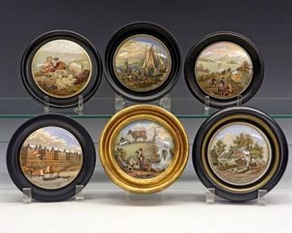 Six 19th Century Prattware Pot Lids.  English pottery transfer-decorated pot lids with polychrome scenes including "New St. Thomas's Hospital", "Harbour of Hong Kong", "Peace", and "The Residence of Anne Hathaway, Shakspeare's Wife…"; all within conforming frames, one gilt and six black.  Crazing and some wear and light surface scratches to each. Up to 6" diameter overall.
