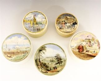 Five 19th Century Prattware Covered Pots.  English pottery transfer-decorated boxes with polychrome scenes including "Strathfieldsay", "Walmer Castle", "The Harbour Margate", "Alas!  Poor Bruin" and one other.  Crazing and some wear and light surface scratches to each, two with some discoloration one of which has some chipping at the interior rim.  Up to 4 1/4" diameter x 2 1/4" high.  
