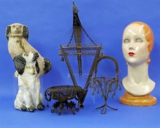 Wire baskets and lantern, chalk dogs & mannequin head