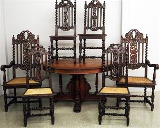 6 Carved oak chairs, oval oak table