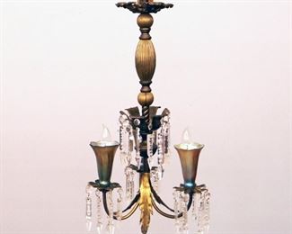 Small Bronze Chandelier (12" diameter, 28" high) w/ Tiffany Shades (1 damaged & repaired)