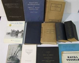 12 books on US Nautical including WWI and WWII, includes: 1942 manual for the 2500 hp Marine Steam Engine; 1952 Piloting and Seamanship book; 1938 American Practical Navigator; 1942 Nautical Astronomy; 1913 Navy Regulations; 1941 Marine Engineers manuals, vol. 1 & 2; etc.

