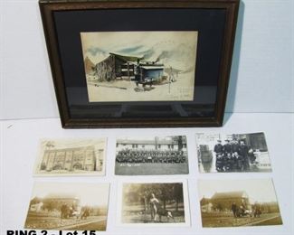 WWII Watercolor depicting Field kitchen and 6 various WWII Military photo postcards.
