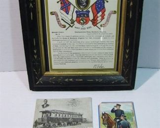 C/1890 framed souvenir print of General Lee's Farewell Address, also includes 3 Military postcards: Lincoln's Funeral car; Libby Prison; Spanish American Officers.

