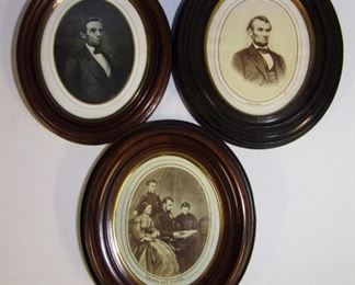 3 1860s Lincoln Portraits incl. a Family Scene in Period Walnut Oval Frames.
