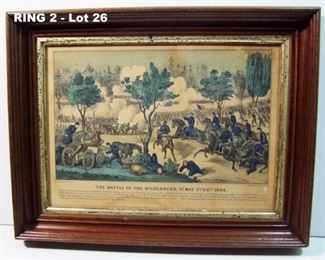 Civil War era Currier and Ives hand tinted litho "Battle of the Wilderness" in walnut Victorian frame, 17x28"h.
