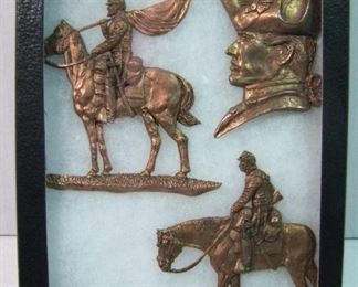 C/1950's hand cast bronze reliefs of Civil War Soldiers on horseback and a Colonial Officers, all are signed "Imrie Risley", largest measures 4x3 3/4"h.  Note: Risley is a Military Sculptor specializing in small scale figures.
