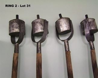 4 Civil War Campaign torches, tin can swing top w/single round wicks, average length 78".
