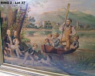 C/1870 lithograph of family scene with boat in gilt frame, 26x20"h.
