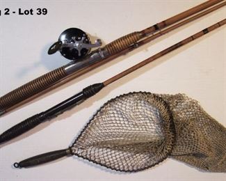 2 C/1940s Heavy split bamboo deep sea fishing rods, incl. Montague 2pc. W/Penn Reel & extra 1940s landing net.
