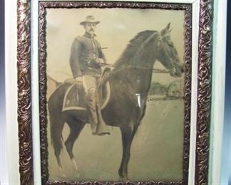 C/1900 lg. photo of a Span Am Calvary Soldier on horseback in a Victorian frame, 24x28"h. overall
