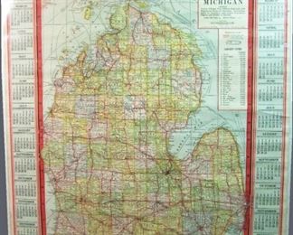 1936/37 advertising calendar with Michigan map from the Charles E. Brown & Son Funeral Directors/Ambulance Service from Hudson & Addison, MI, 28x36"h., sleeved.
