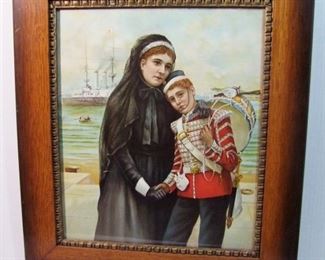 1897 Spanish American litho of Navy Widow and Son, shows Destroyer ship in harbor in background, 2 1/2x26"h., Oak frame.
