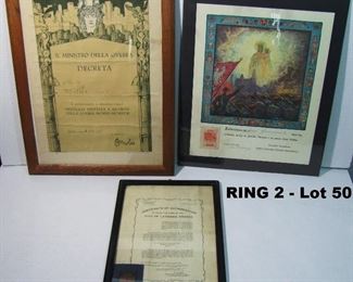 3-WWI European Military award certificates including: Arms of the City of Langres, France (with embroidered patch); Italian certificate with seal and facsimile signature of Benito Mussolini and Polish certificate with stamp, various sizes, some framed.
