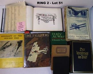 10+ various books on WWI & WWII primarily Air Corp. including: 16 issues of "Aerial Age" for 1918; 1906 Culver Military book; 2 books on Radio Transmissions; Lg. German book on WWI, etc.
