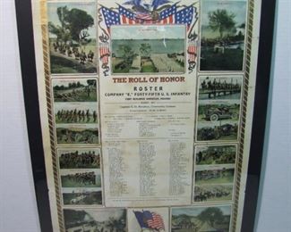 Dated 1917 Honor Roll Roster for Company "E", 45th US Infantry, Fort Benjamin Harrison, Indiana 20x27"h.
