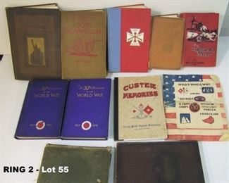 11 books on WWI including: 1920 "Honor Roll of Kalamazoo County", "History of the 307th Field Artillery" from 1917-1919; 1919 "214th Field Signal Battalion, Custer Memories" from Camp Custer, Michigan; "History of the 126th Infantry"; 2 books on the 37th Division; "History of the 305th Artillery"; some of these books have pull out maps.
