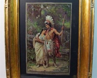 Dated 1913 "Hiawatha's Wedding Journey" color lithograph in gilt frame, 20x26"h.

