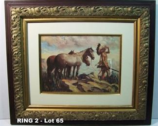 Dated 1935 color lithograph of Indian Scout with ponies, Victorian frame, 27 1/2 x 23 1/2"h.
