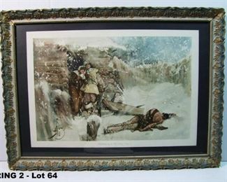 C/1900 Color lithograph of Colonial couple and Dead Indian in gilt Victorian frame, 25 1/2x18"h., print is titled "Thanksgiving in the Olden Time", artist signed.

