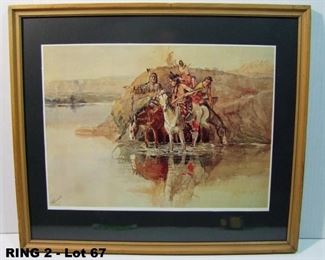 C/1940's lithograph of 1905 Charles Russell Indian watercolor depicts Indian Guides crossing a river, framed, 21x18"h.
