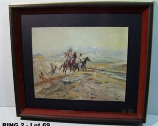 C/1940's lithograph of 1905 Charles Russell Indian watercolor depicts Indian Warriors overlooking a wagon train, framed, 22x19"h.
