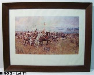 C/1940's lithograph of 1905 Charles Russell Indian watercolor depicts Louis and Clark meeting the Flathead Indians in 1805, walnut framed, 22x17"h.
