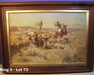 C/1940's Lithograph of 1905 Charles Russell watercolor "The Broken Rope", Framed, 24" X 32"
