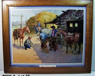 Dated 1960 large color lithograph titled "The Critics" signed Charlie Dye, of Horse Farrier at a Ranch, curly maple custom frame, 34x28"h.
